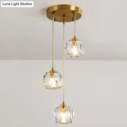 Dome Shade Pendant Light - Contemporary Faceted Crystal Suspension Fixture In Brass 3 /