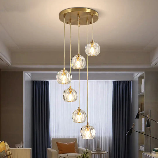 Modern Crystal Pendant Light With Dome Shade Brass Staircase Suspension Fixture 6 /