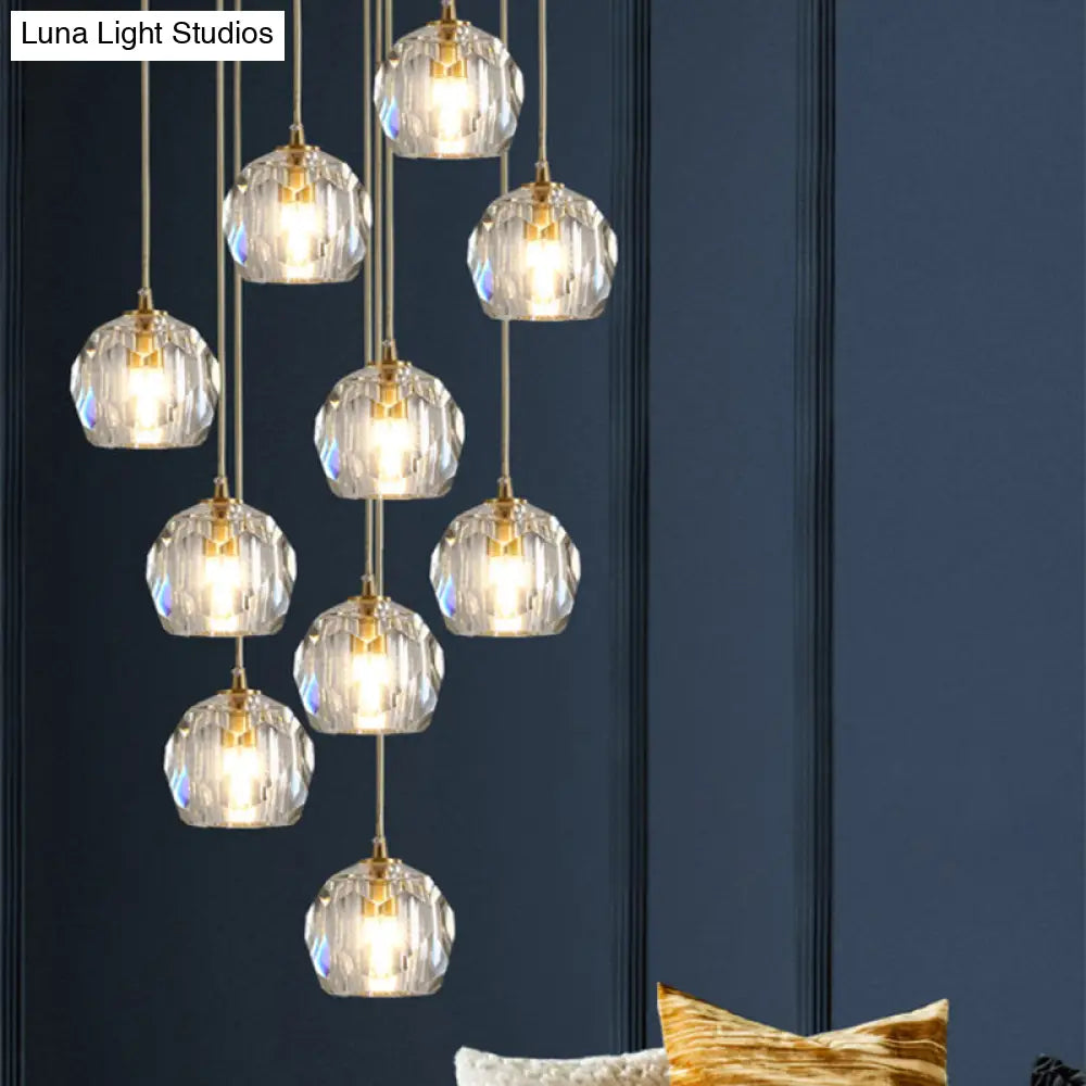 Dome Shade Pendant Light - Contemporary Faceted Crystal Suspension Fixture In Brass 10 /