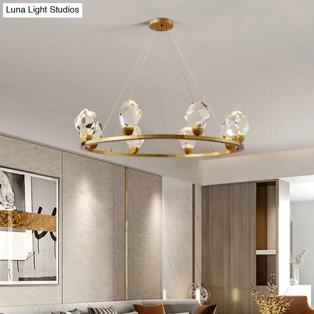 Modern Crystal Pendant Light With Faceted Halo Ring Design - 6/8 Lights Brass Finish Ceiling