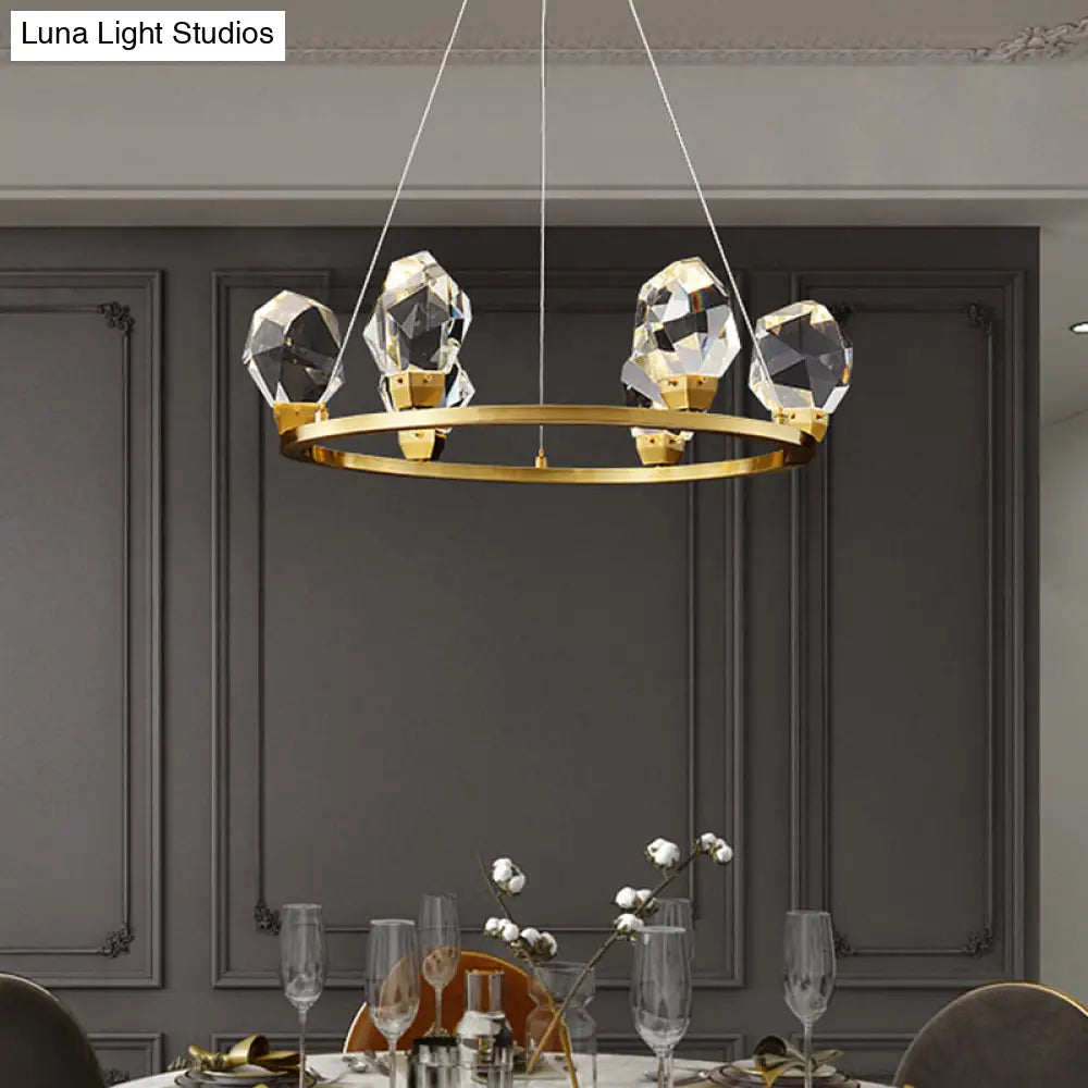 Modern Crystal Pendant Light With Faceted Halo Ring Design - 6/8 Lights Brass Finish Ceiling