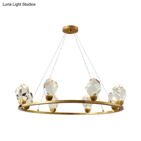 Modern Crystal Pendant Light With Faceted Halo Ring Design - 6/8 Lights Brass Finish Ceiling