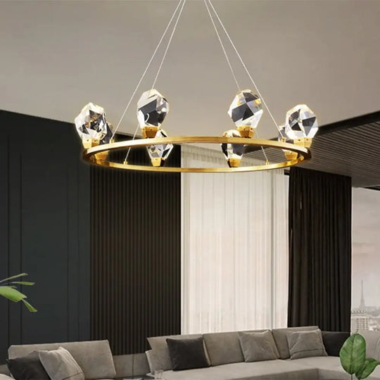 Modern Crystal Pendant Light With Faceted Halo Ring Design - 6/8 Lights Brass Finish Ceiling