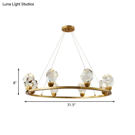 Modern Crystal Pendant Light With Faceted Halo Ring Design - 6/8 Lights Brass Finish Ceiling