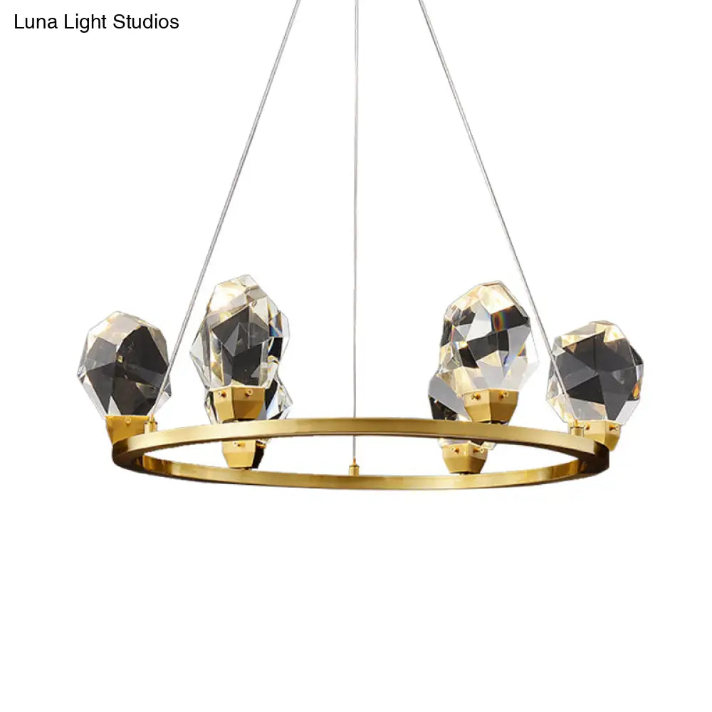 Modern Crystal Pendant Light With Faceted Halo Ring Design - 6/8 Lights Brass Finish Ceiling