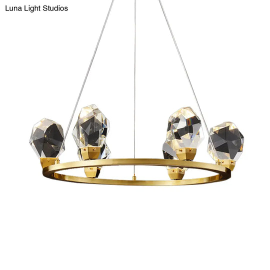 Modern Crystal Pendant Light With Faceted Halo Ring Design - 6/8 Lights Brass Finish Ceiling