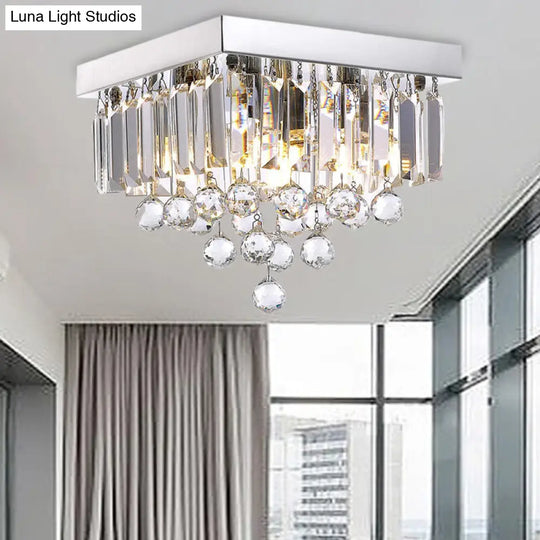 Modern Crystal Prism Flush Ceiling Light With 4 Bulbs & Square Chrome Canopy For Bedrooms