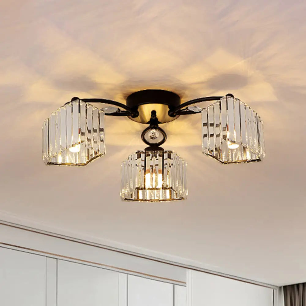 Modern Crystal Prism Flush Chandelier With Curved Design - Clear Semi Mount Ceiling Light (3/9