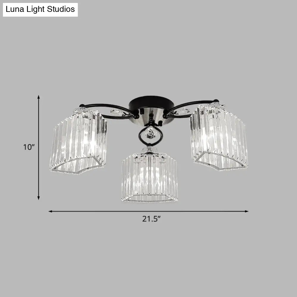 Modern Crystal Prism Flush Chandelier With Curved Design - Clear Semi Mount Ceiling Light (3/9