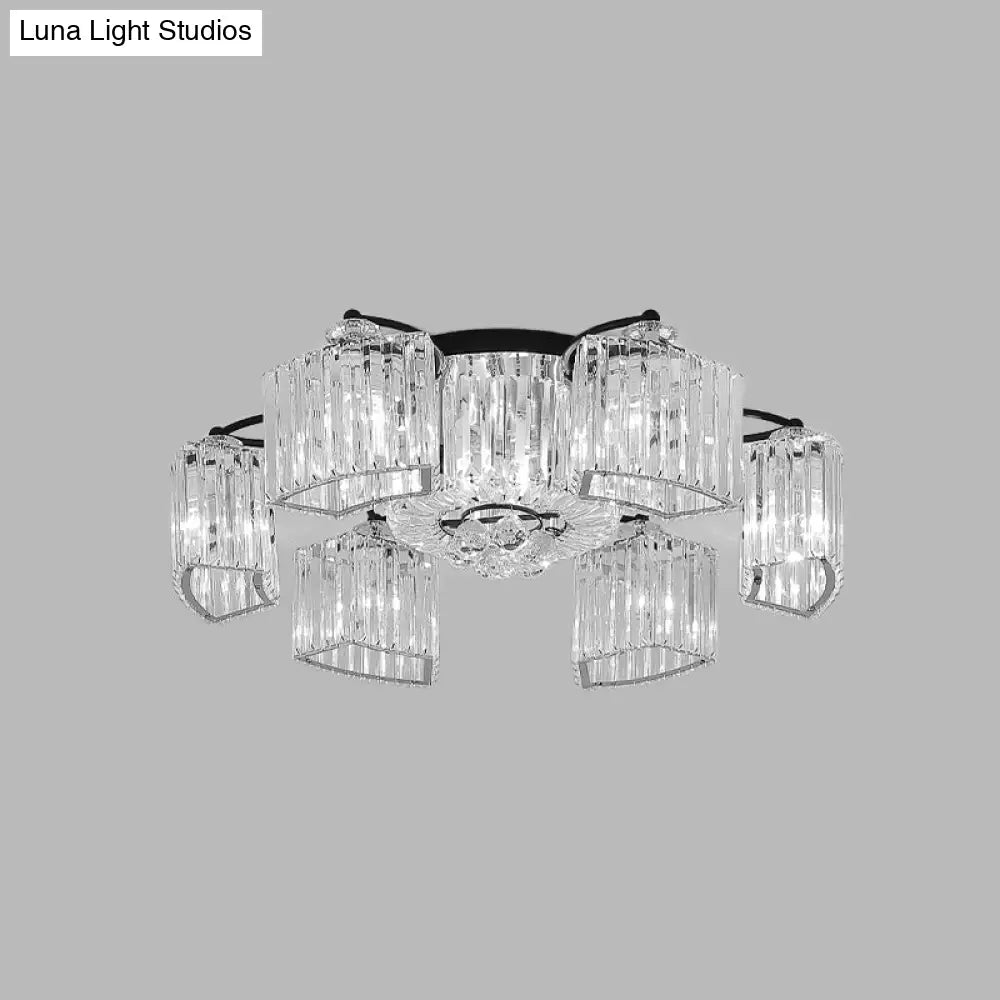 Modern Crystal Prism Flush Chandelier With Curved Design - Clear Semi Mount Ceiling Light (3/9