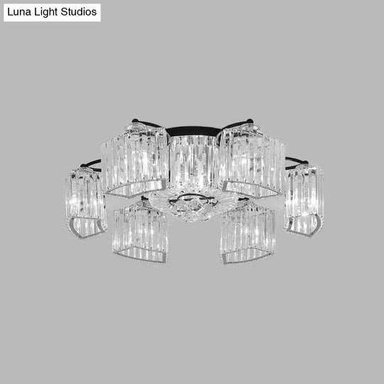 Modern Crystal Prism Flush Chandelier With Curved Design - Clear Semi Mount Ceiling Light (3/9