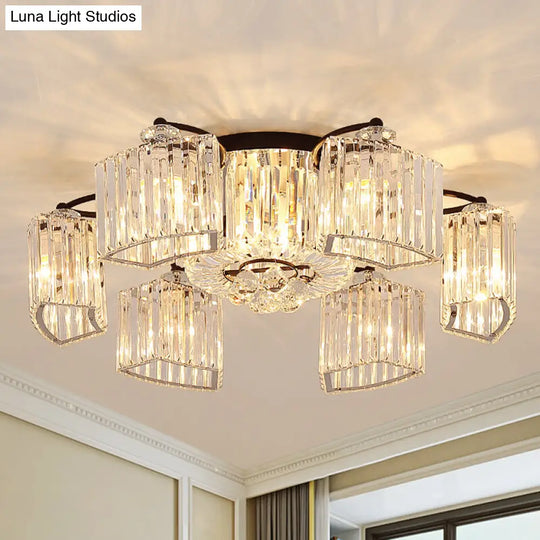 Modern Crystal Prism Flush Chandelier With Curved Design - Clear Semi Mount Ceiling Light (3/9