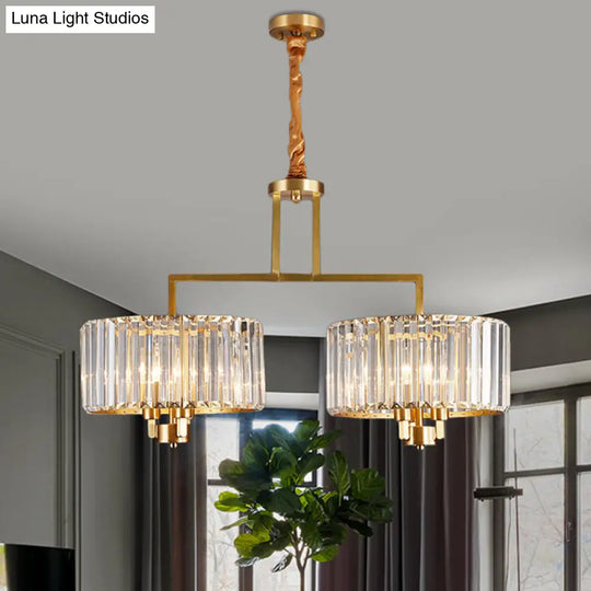 Contemporary Crystal Prisms Drum Pendant Light - 6 Bulbs Clear Great Room Chandelier Lamp