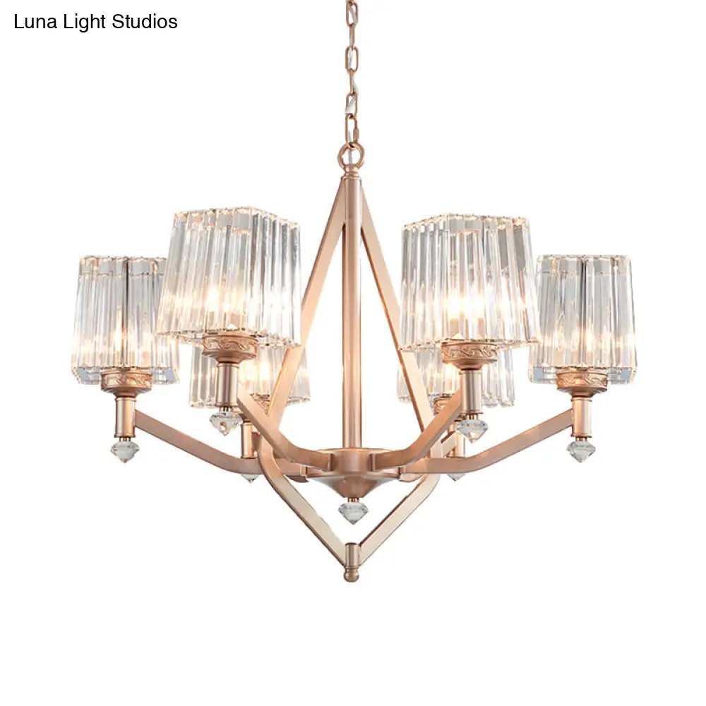 Modern Crystal Prism Rose Gold Hanging Chandelier - 6 Light-Up Cubic Lamp For Hotels