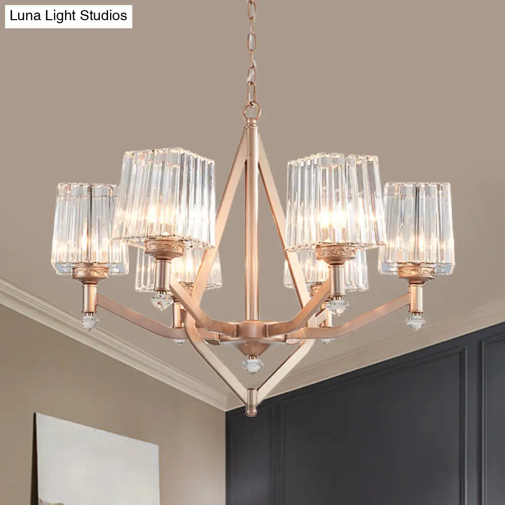 Modern Crystal Prism Rose Gold Hanging Chandelier - 6 Light-Up Cubic Lamp For Hotels