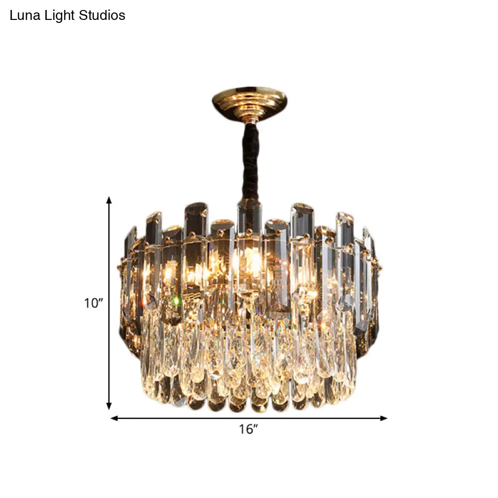 Modern Crystal Prismatic Drum Suspension Lamp With 6 Bulbs - Clear Dinning Hall Chandelier