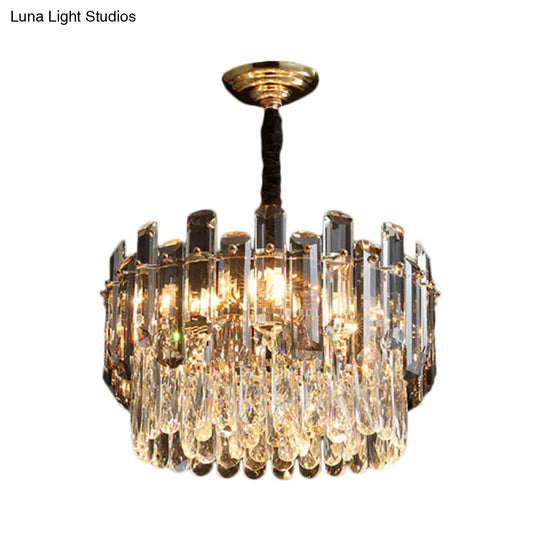 Modern Crystal Prismatic Drum Lamp - Clear Suspension Chandelier With 6 Bulbs Dining Hall Light