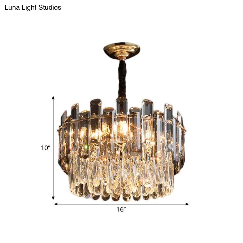 Modern Crystal Prismatic Drum Lamp - Clear Suspension Chandelier With 6 Bulbs Dining Hall Light