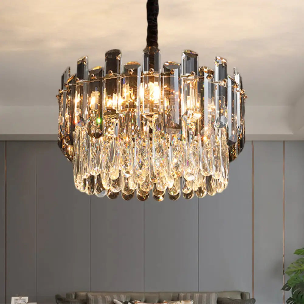 Modern Crystal Prismatic Drum Suspension Lamp With 6 Bulbs - Clear Dinning Hall Chandelier