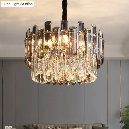 Modern Crystal Prismatic Drum Lamp - Clear Suspension Chandelier With 6 Bulbs Dining Hall Light