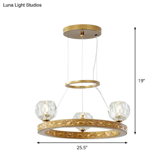 Modern 3-Head Crystal Prism Gold Chandelier With Ring Design