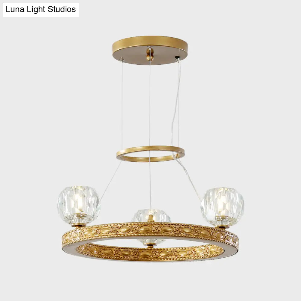 Modern Crystal Prisms 3-Head Gold Chandelier - Globe Parlor Suspended Lighting Fixture With Elegant