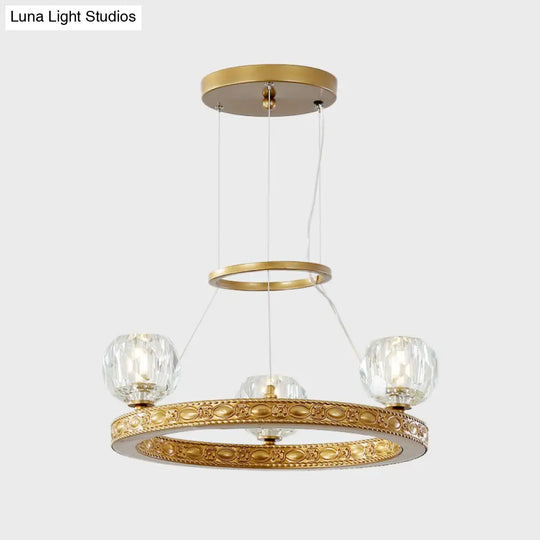 Modern 3-Head Crystal Prism Gold Chandelier With Ring Design