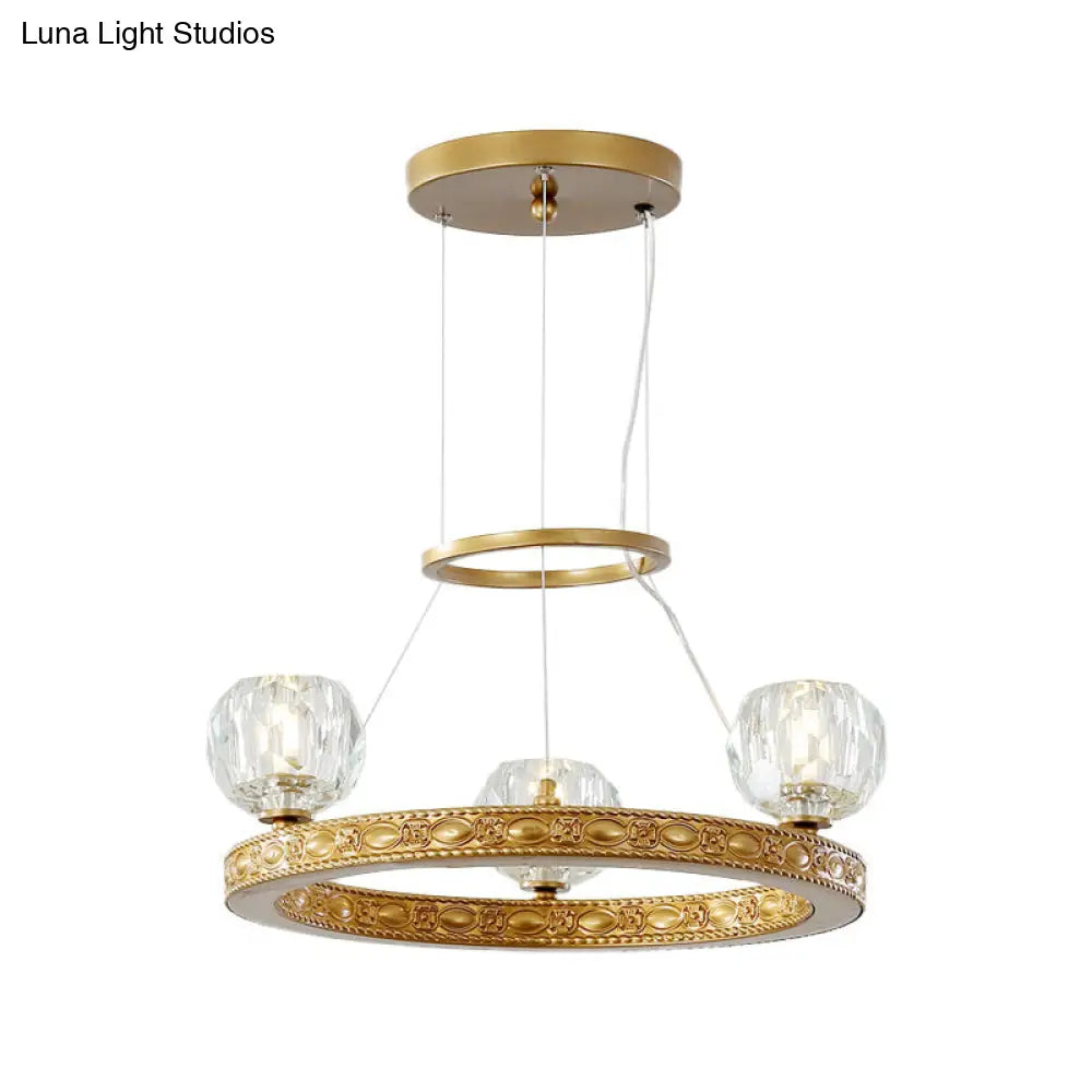 Modern 3-Head Crystal Prism Gold Chandelier With Ring Design