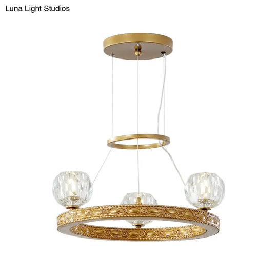 Modern 3-Head Crystal Prism Gold Chandelier With Ring Design