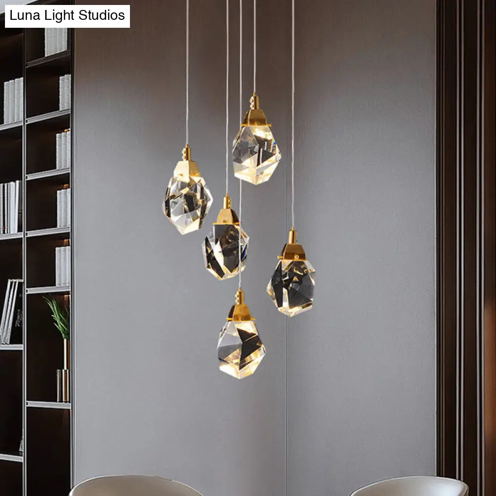 Modern Crystal Raindrop Hanging Lamp: Brass 3/5/24-Light Pendant Light For Dining Room