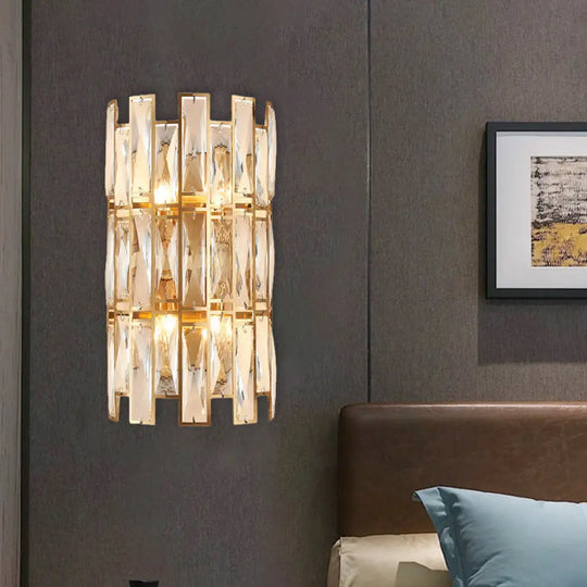 Modern Crystal Rectangle Wall Sconce - Gold 11/17 Wide Cylinder Surface 2/4 Lights Mounted Lighting