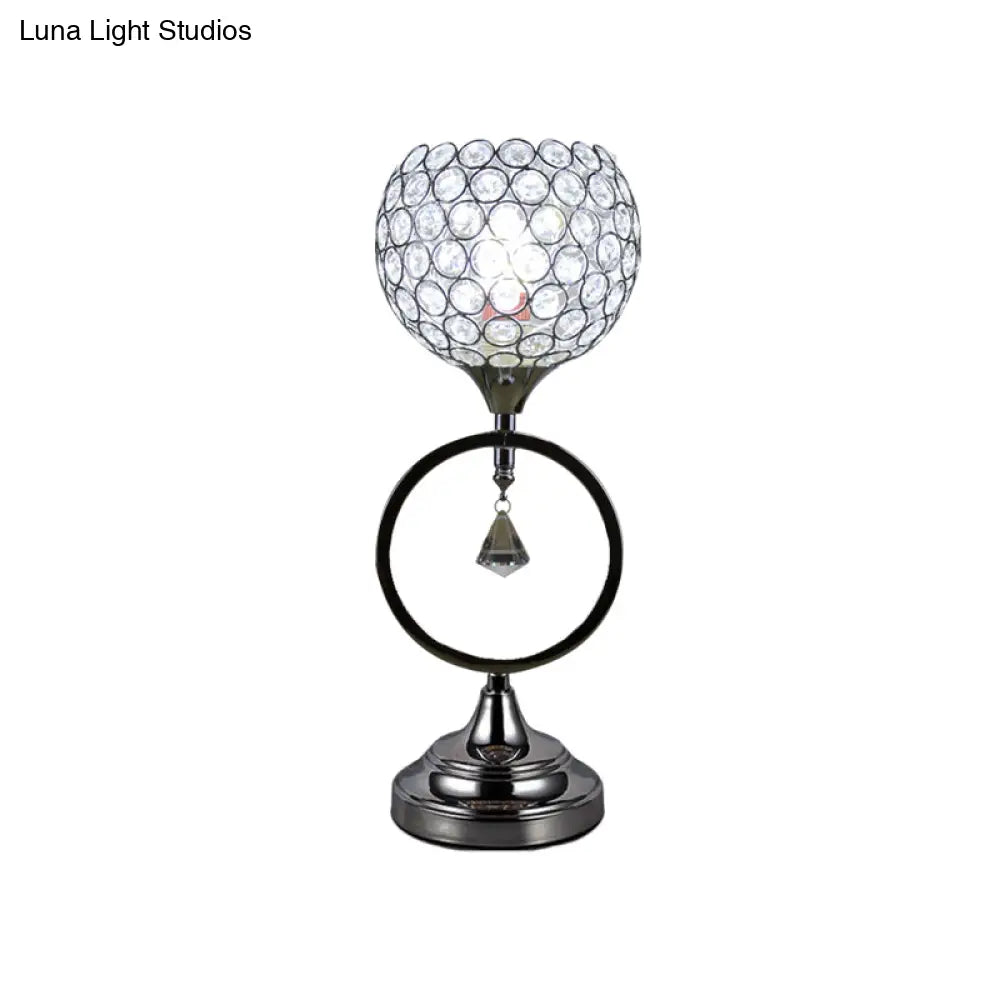 Modern Crystal Ring Base Silver Dome Table Lamp: Hollowed Out Design 1-Light Bedside Nightstand