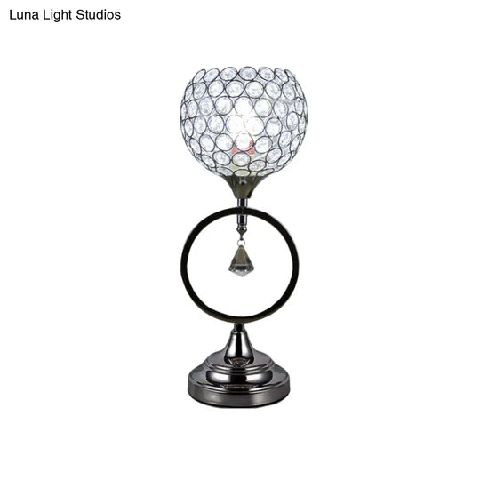 Modern Crystal Ring Base Silver Dome Table Lamp: Hollowed Out Design 1-Light Bedside Nightstand