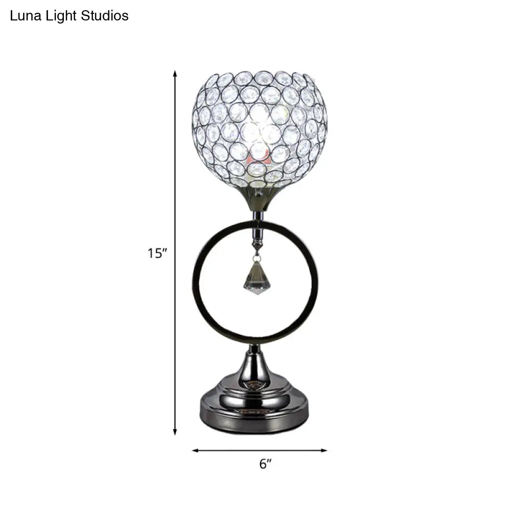 Modern Crystal Ring Base Silver Dome Table Lamp: Hollowed Out Design 1-Light Bedside Nightstand