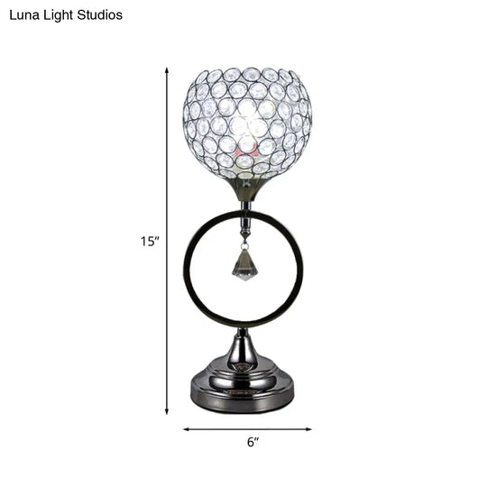 Modern Crystal Ring Base Silver Dome Table Lamp: Hollowed Out Design 1-Light Bedside Nightstand