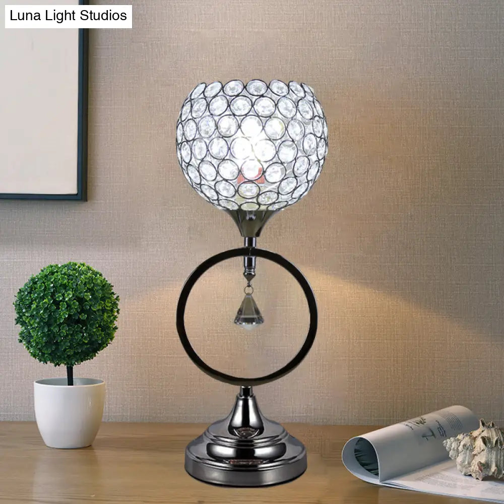 Modern Crystal Ring Base Silver Dome Table Lamp: Hollowed Out Design 1-Light Bedside Nightstand