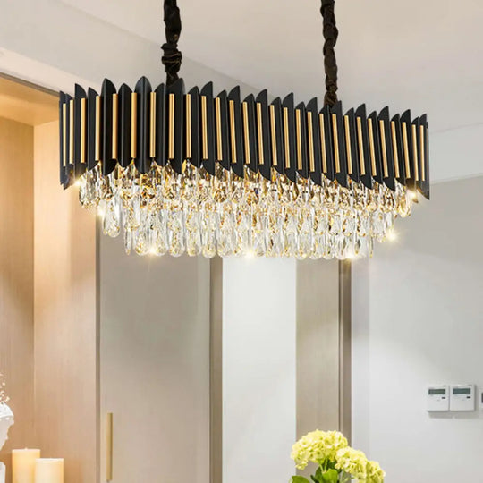 Modern Crystal Rod Black-Gold Island Hanging Lamp With Layered Elliptical Shades - 8 Lights