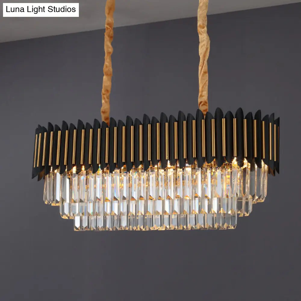 Modern Crystal Rod Black-Gold Island Hanging Lamp With Layered Elliptical Shades - 8 Lights