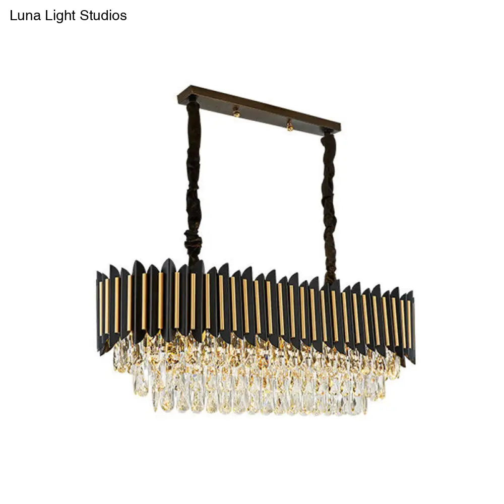 Modern Crystal Rod Black-Gold Island Hanging Lamp With Layered Elliptical Shades - 8 Lights