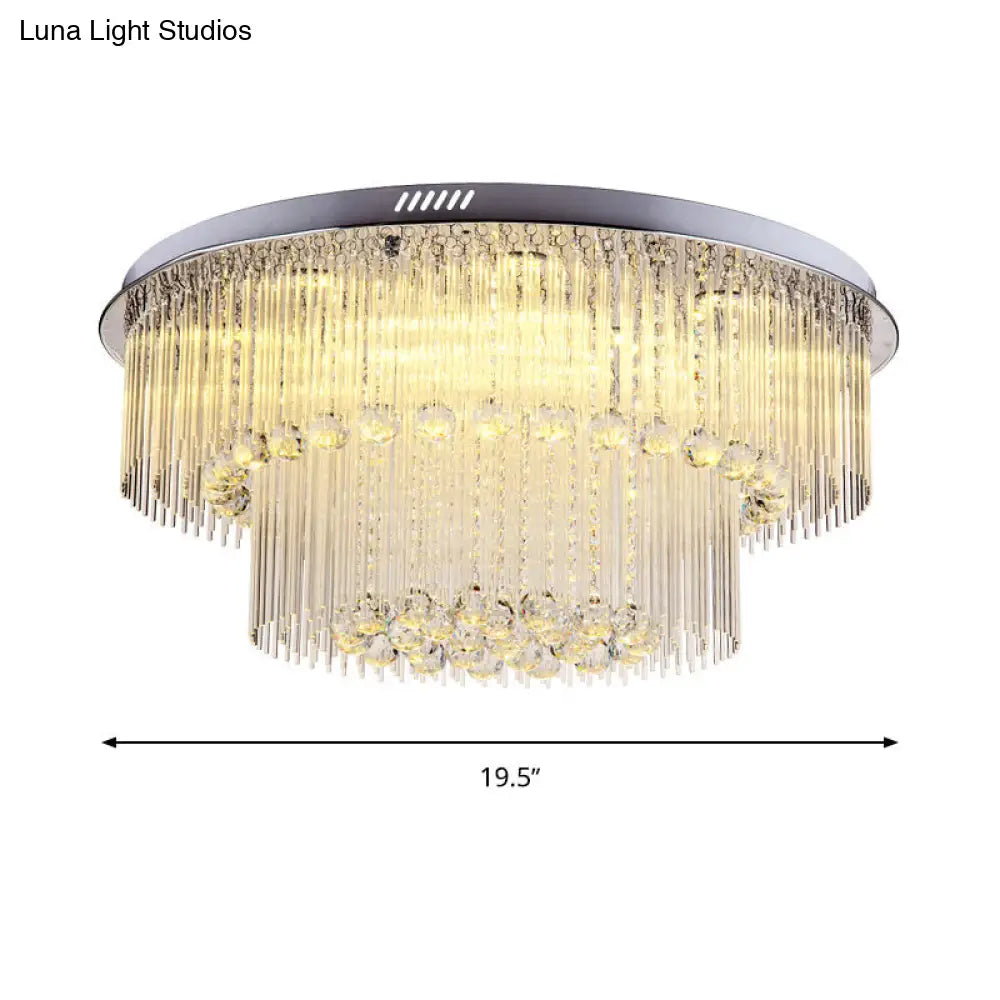 Modern Crystal Rod Ceiling Lamp - 2 Tiers Nickel Led Flush Light Fixture For Living Room