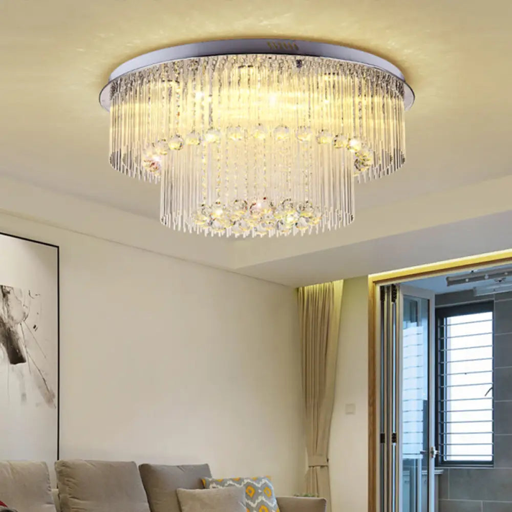 Modern Crystal Rod Ceiling Lamp - 2 Tiers Nickel Led Flush Light Fixture For Living Room