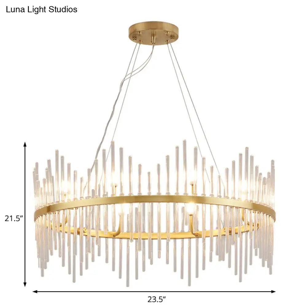 Modern Crystal Rod Chandelier Pendant Light Round Brass Hanging Kit For Living Room (6/8 Lights)