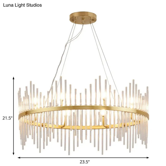 Modern Crystal Rod Chandelier Pendant Light Round Brass Hanging Kit For Living Room (6/8 Lights)