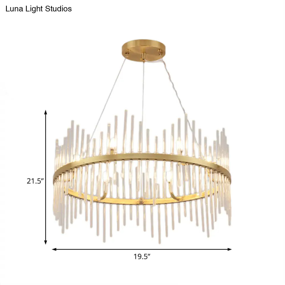 Modern Crystal Rod Chandelier Pendant Light Round Brass Hanging Kit For Living Room (6/8 Lights)