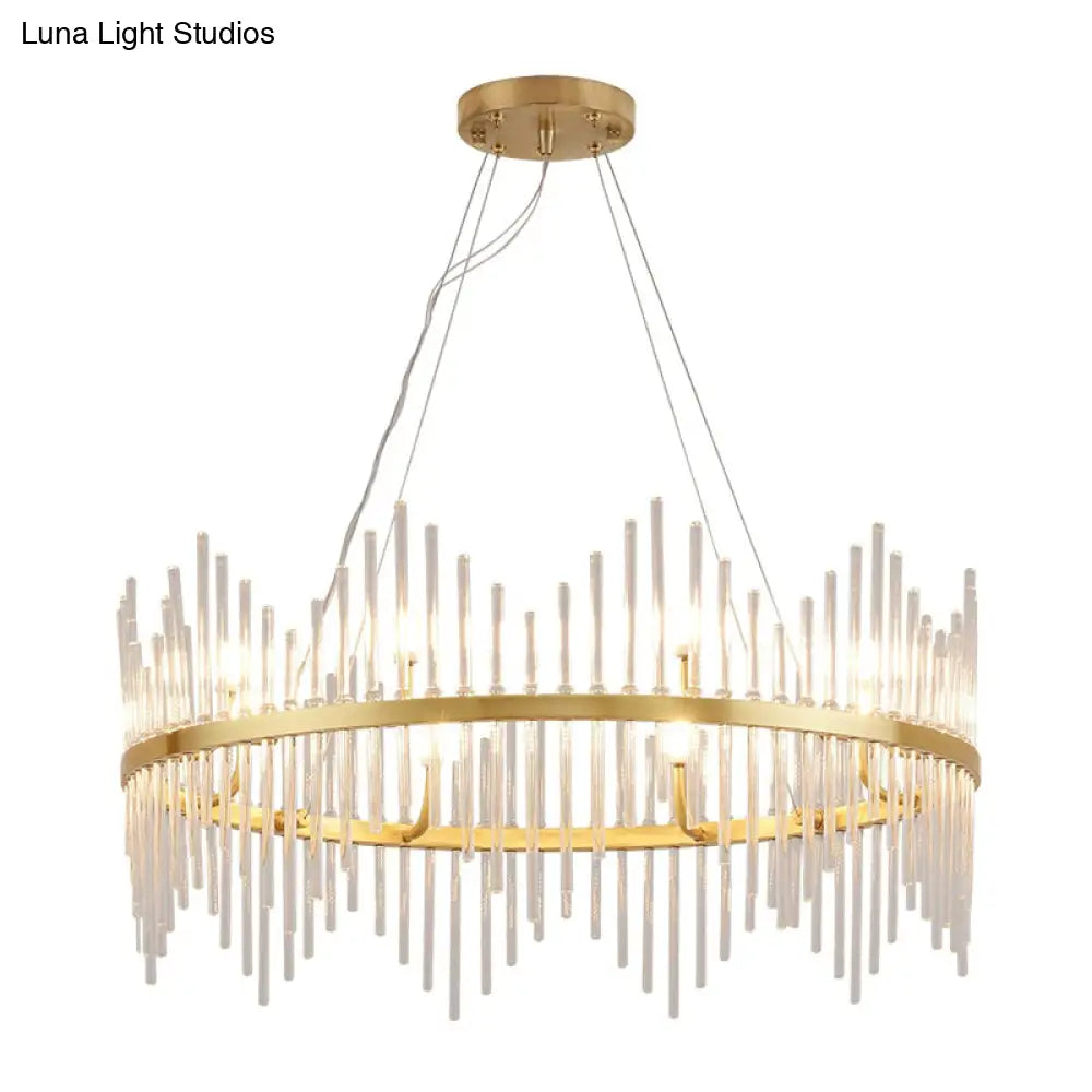 Modern Crystal Rod Chandelier Pendant Light Round Brass Hanging Kit For Living Room (6/8 Lights)