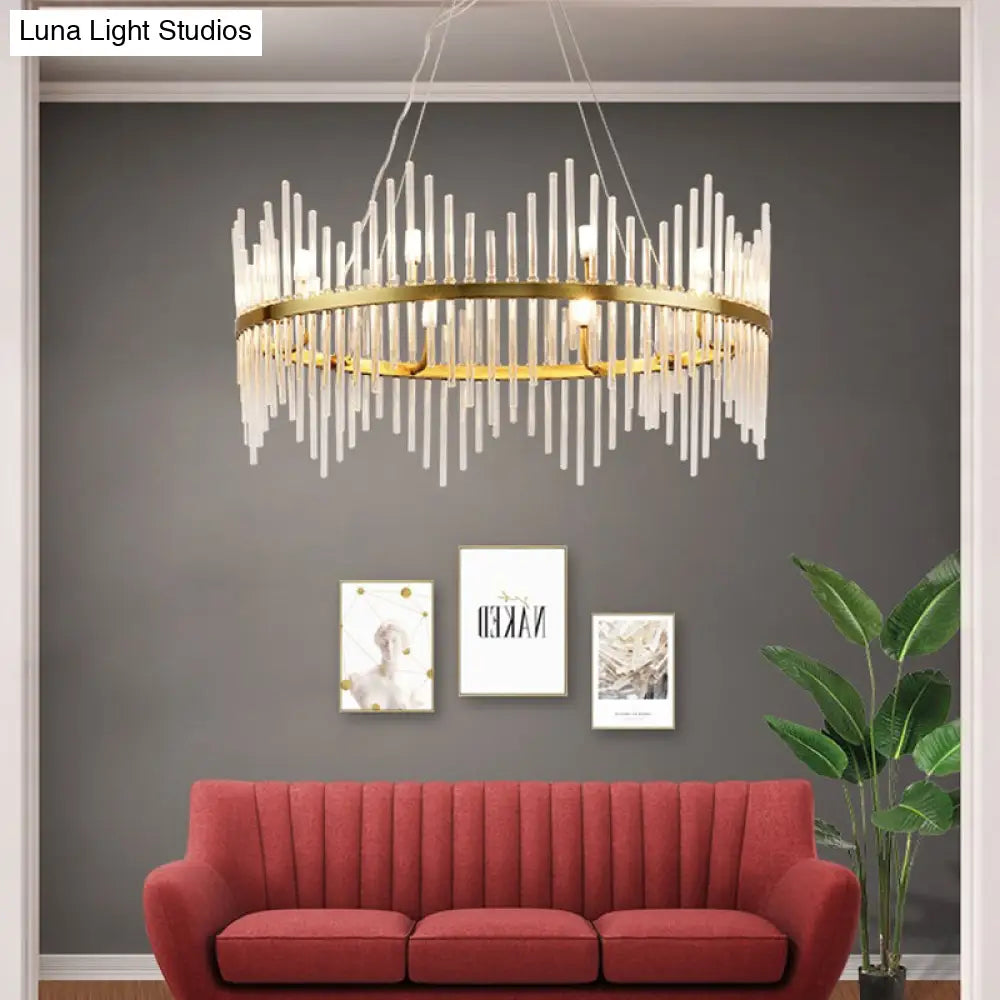 Modern Crystal Rod Chandelier Pendant Light Round Brass Hanging Kit For Living Room (6/8 Lights)