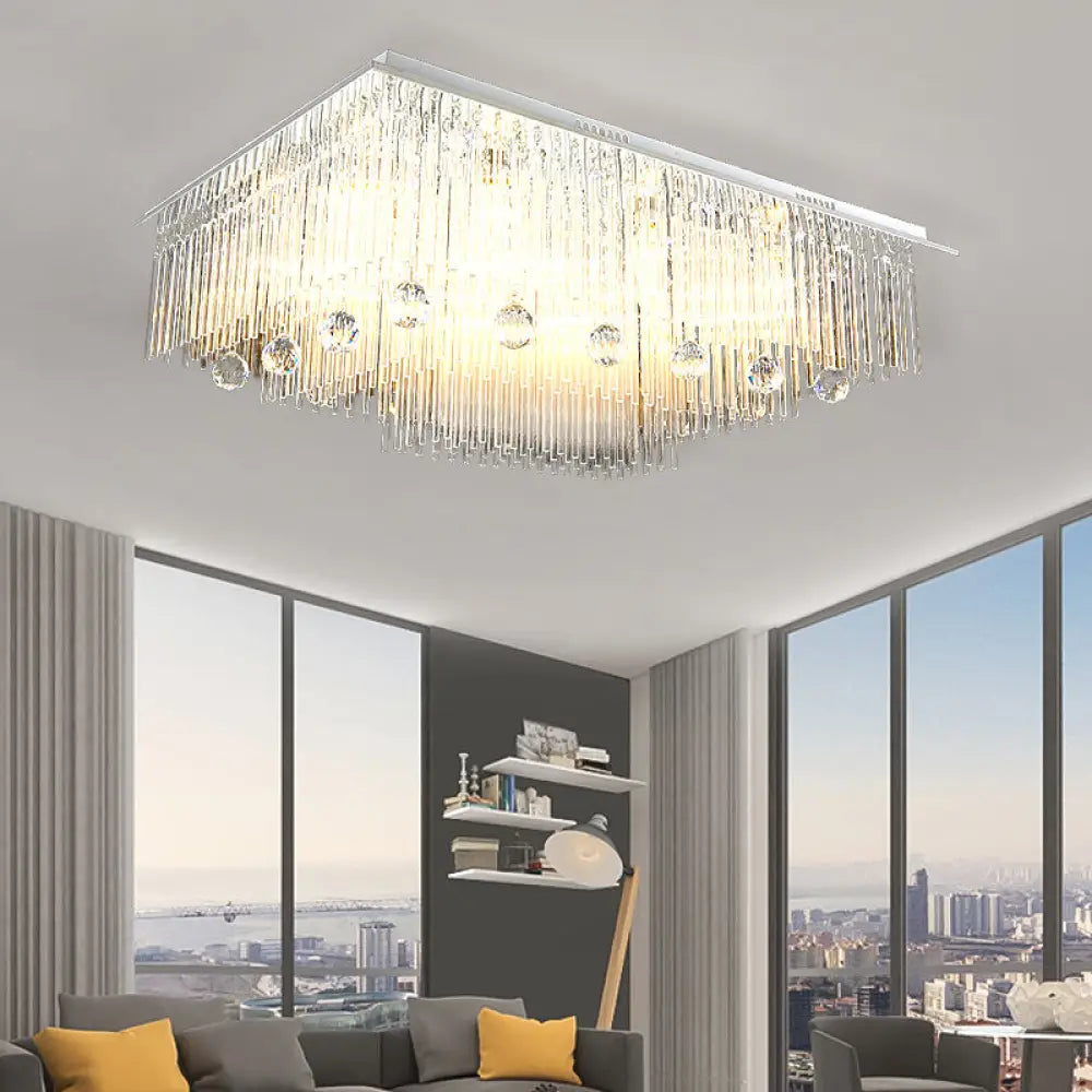 Modern Crystal Rod Rectangle Ceiling Light With 16 Heads – Ideal For Bedroom Flush Mount Nickel