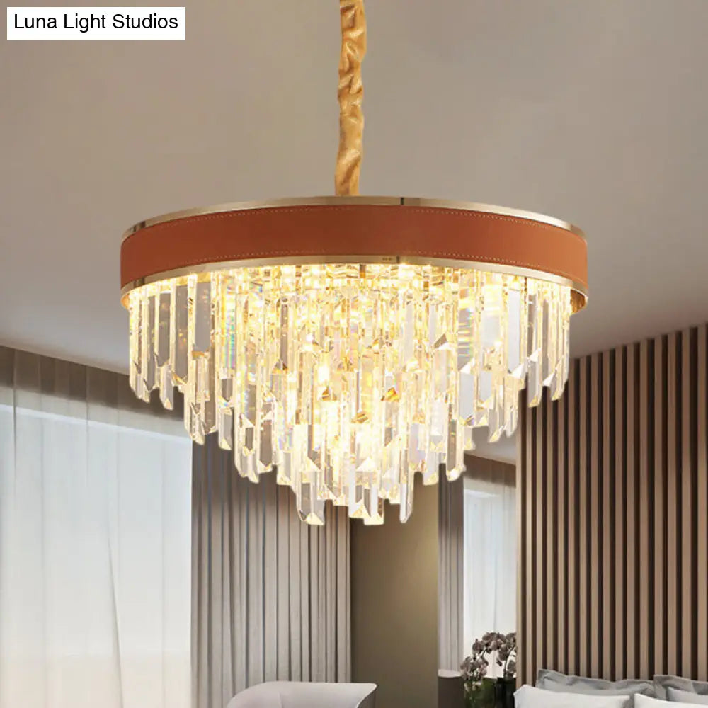 Modern Crystal Prisms Chandelier: Brown Finish Round Pendant Light With 8 Heads For Living Room