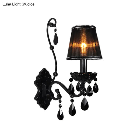 Modern Crystal Sconce In Polished Black: 1/2-Light Cone Wall Mount With Optional Shade For Living