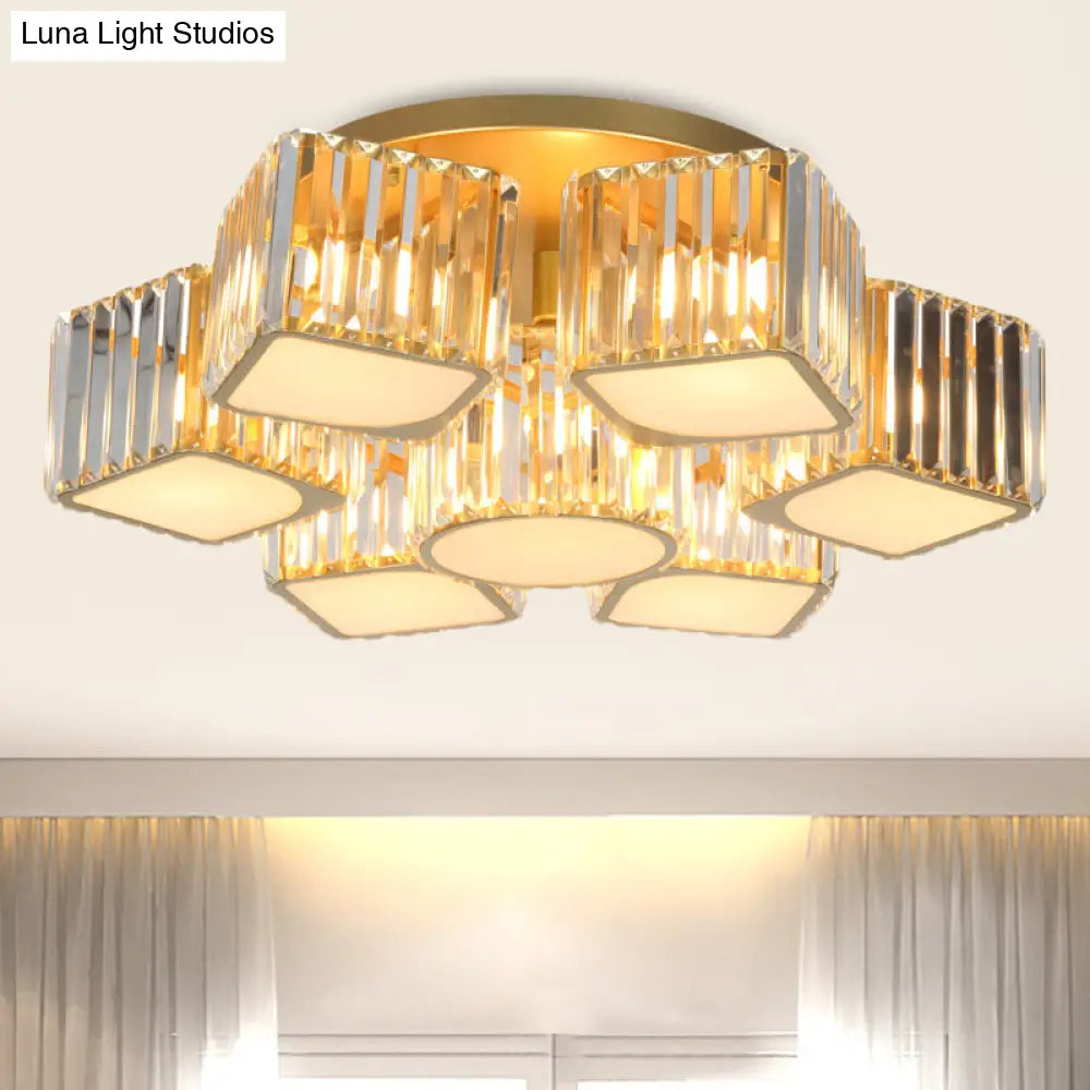 Modern Crystal Semi Flush Ceiling Light Fixture With Shell/Square Shade - 5/7-Head Design In Gold